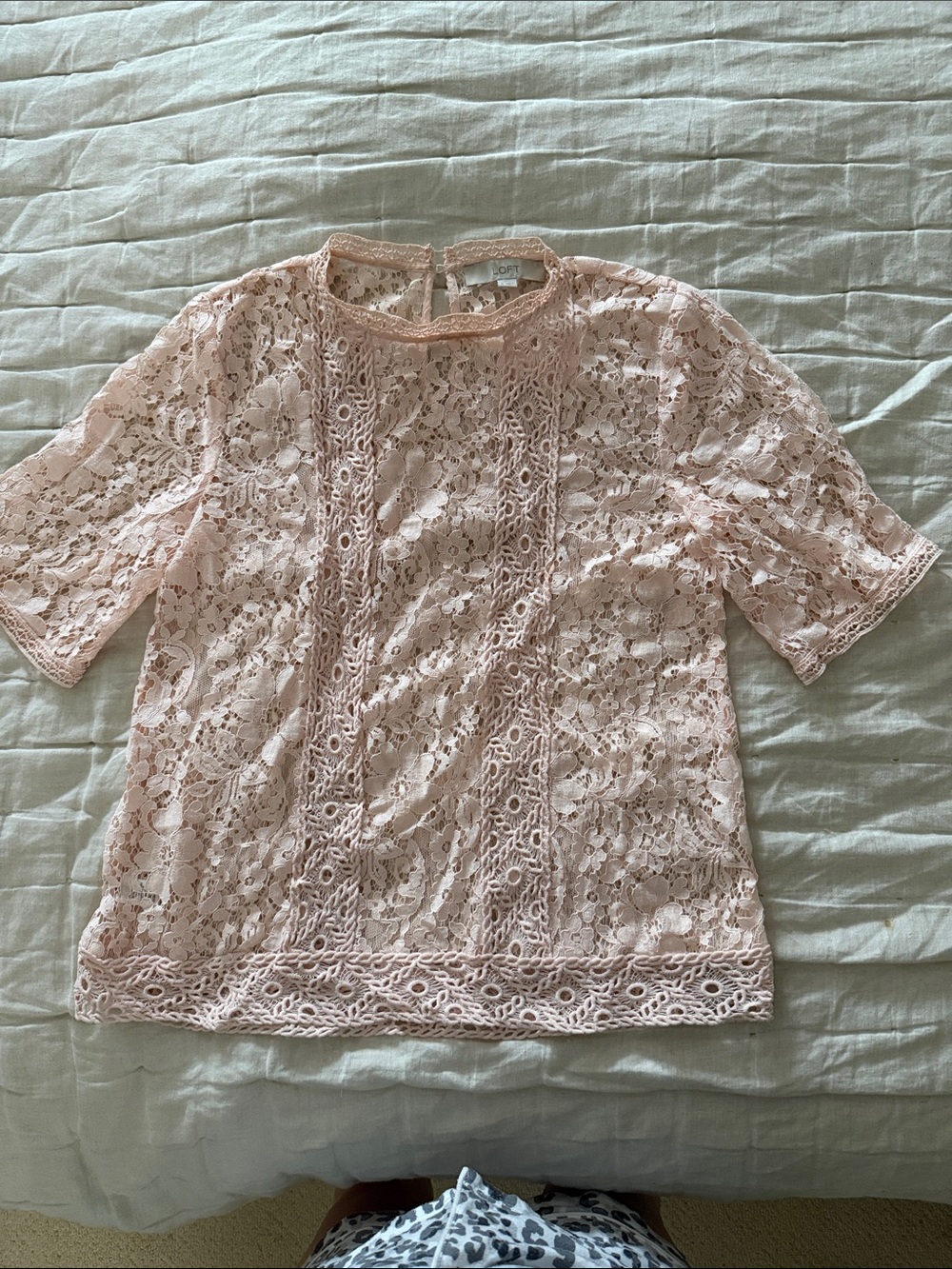LOFT Pale Blush Lace Short Sleeve Top